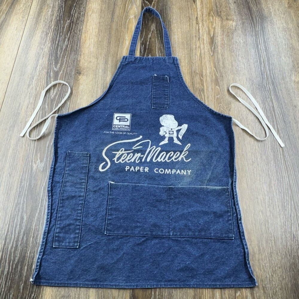 Vintage Dark Indigo Denim Work Shop Apron Steen Macek Paper Co Graphic Mascot